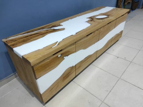 Chestnut Tree White Epoxy Resin Television unit | Media Console in Storage by LuxuryEpoxyFurniture