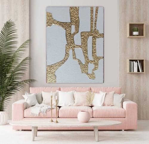 Large gold metal textured wall art gold white canvas art | Oil And Acrylic Painting in Paintings by Serge Bereziak (Berez)