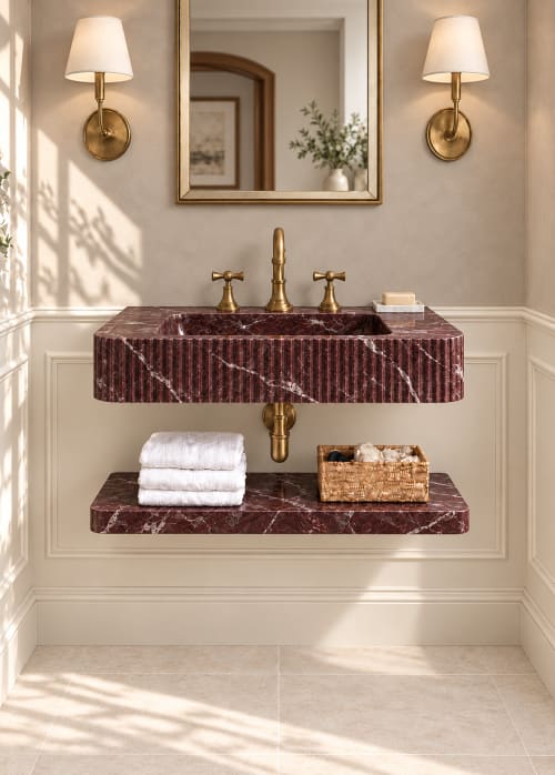 Rosso Levanto Marble Floating Sink with Shelf | Water Fixtures by Sinan O