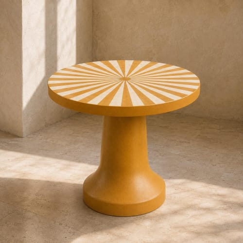 Handmade Bone Inlay Sunburst Pedestal Table Mustard Yellow side table | Tables by IKKAZA