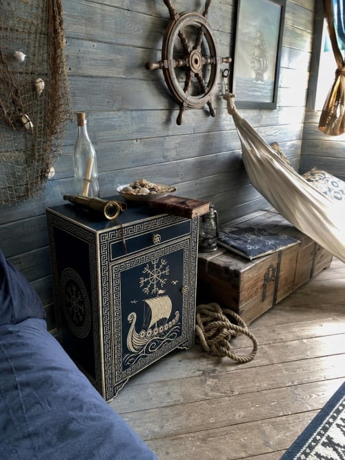 Navy Blue Bone Inlay Nightstand, Nautical Ship Coastal Bedside Table | Storage by IKKAZA