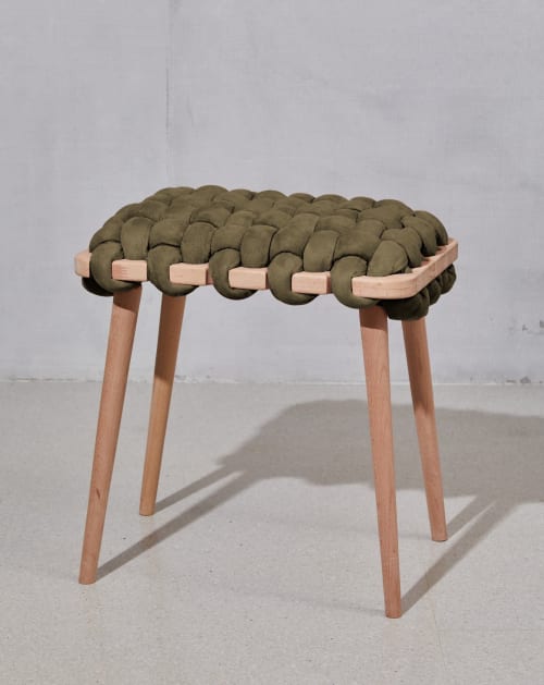 Army Green Vegan Suede Woven Stool | Chairs by Knots Studio