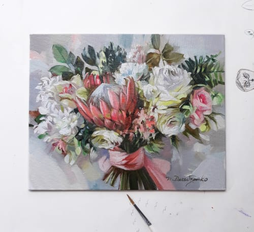 Custom Wedding bouquet painting canvas, Personalized oil art | Paintings by Natart