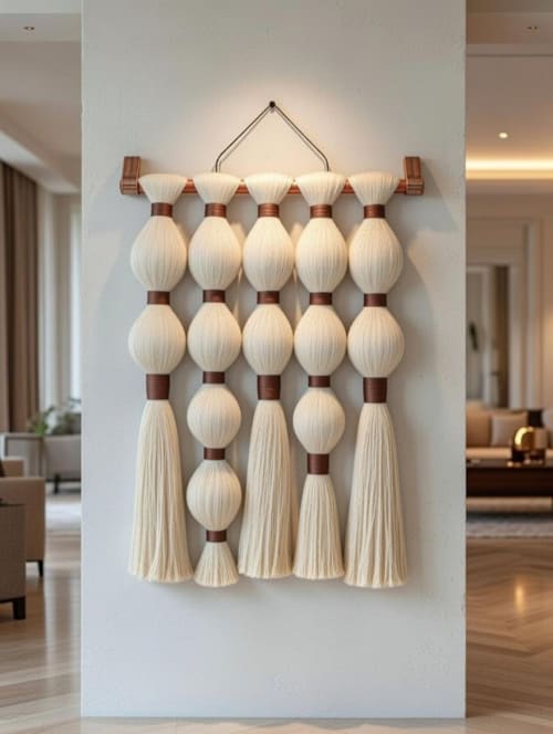 Boho Tassel Wall Hanging 35 Inch – Large Macrame Fiber Art – Neutral Cream Fringe Decor – Modern Bohemian Wall Decor – Handmade Textile Art | Macrame Wall Hanging in Wall Hangings by RavaTapestryArt