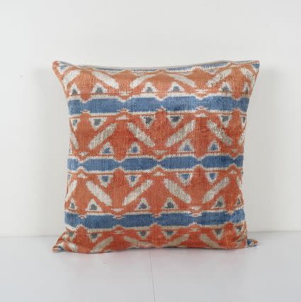 Square Velvet Ikat Cushion Cover, Apricot Blue Silk Ikat Vel | Pillows by Vintage Pillows Store