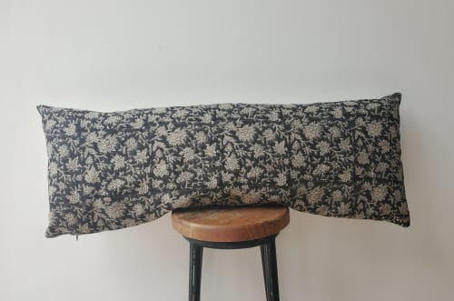 Long lumber block print pillow, block print black floral | Pillows by velvet + linen