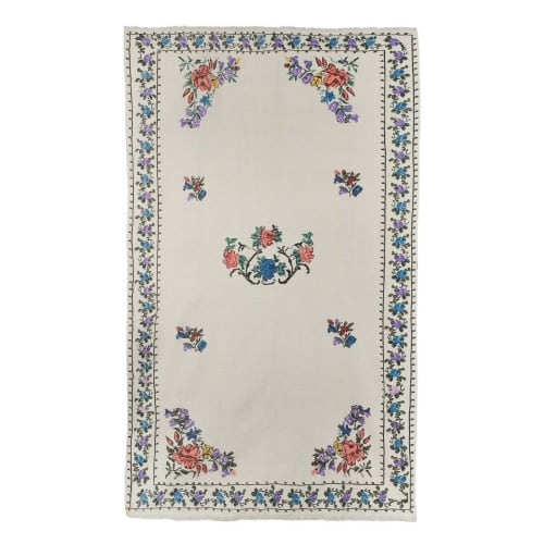 Vintage Embroided Aubusson Style Floral Turkish Kilim Rug | Rugs by Vintage Pillows Store
