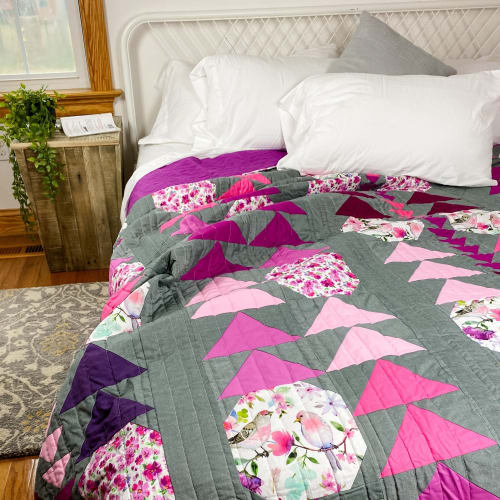 Love Birds- Grey, Bed Size | Linens & Bedding by Delightfully Quilted by Maria