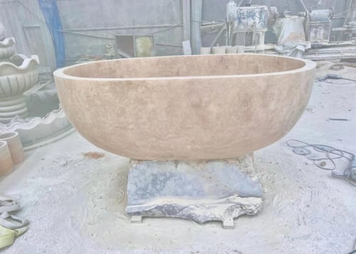 Handmade Light Travertine Bathtub – Modern Stone Soaking Tub | Water Fixtures by AEGEAN MARBLE ARTISAN ATELIER