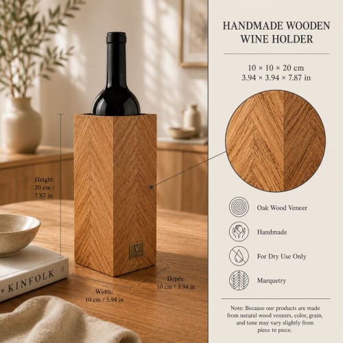 Handmade Oak Wine Bottle Holder, Wooden Marquetry Decor, Scandinavian Minimalist Home Accent, Housewarming Gift | Tableware by Vesta Corte