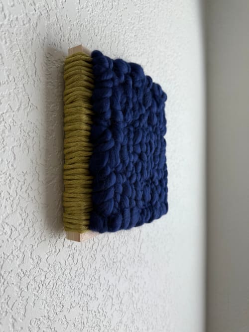 Woven Tile- Fluff- Lime Green and Indigo | Wall Hangings by Mpwovenn Fiber Art by Mindy Pantuso