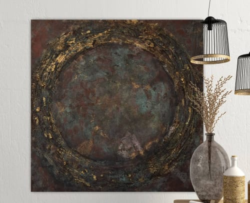 Large 3d texture art gold leaf vintage styled circle 3d wall | Oil And Acrylic Painting in Paintings by Serge Bereziak (Berez)