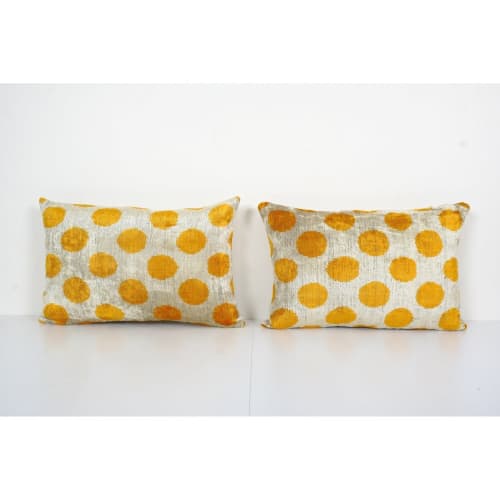 Yellow Silk Ikat Velvet Pillow Cover, Pair Polka Dot Ikat | Linens & Bedding by Vintage Pillows Store