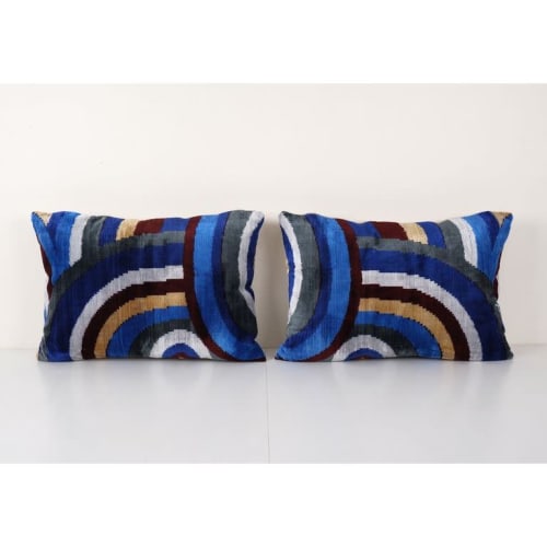 Set of Two Silk Ikat Colorful Velvet Pillow Cover - Pair Han | Cushion in Pillows by Vintage Pillows Store