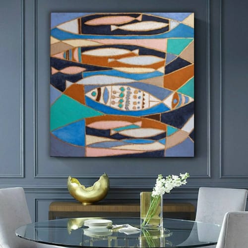 Midcentury modern painting geometric relief abstract mcm | Paintings by Berez Art