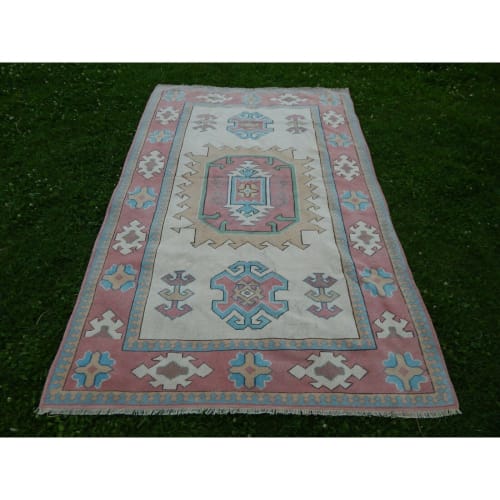Vintage Turkish Hand-Knotted Oushak Rug | Soft Color Dining | Rugs by Vintage Pillows Store