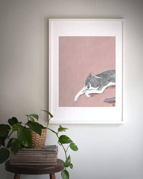 Sleeping Grey Tuxedo Cat Art Print, Calm Nursery Wall Art | Prints in Paintings by The Ugly Cat Studio