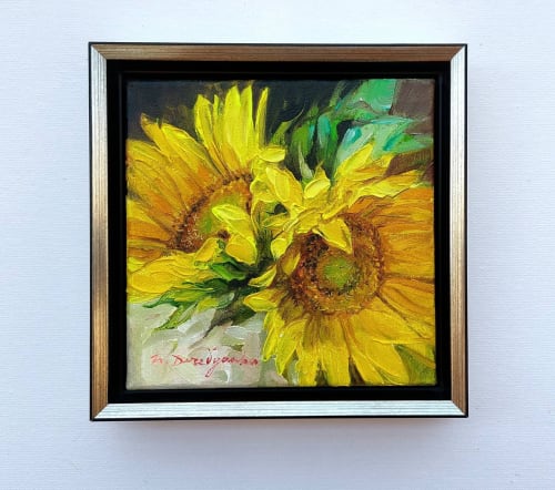 Sunflowers floral oil painting original framed 6x6, Mom gift | Oil And Acrylic Painting in Paintings by Natart