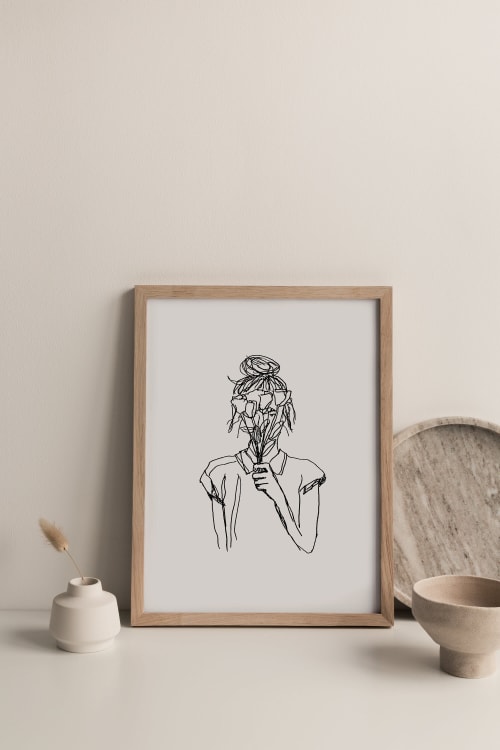Woman With Flowers Print, Simple Pen and Ink Drawing | Wall Hangings by Carissa Tanton