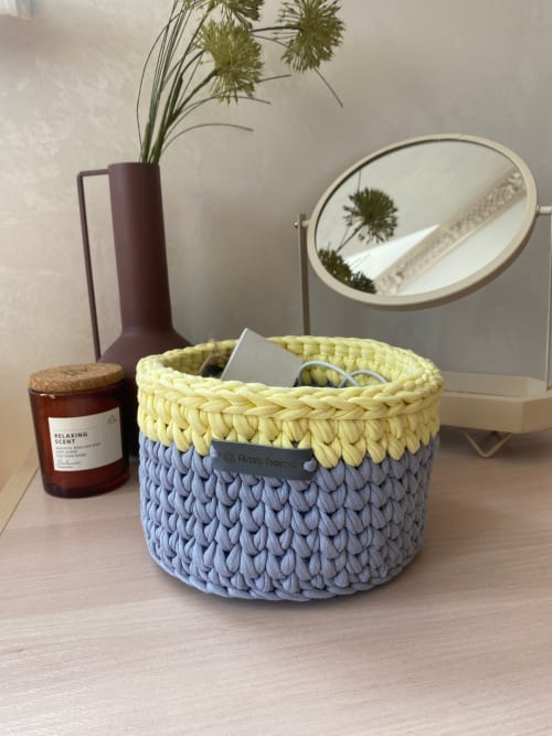 Round two-colored storage basket gray-yellow | In stock in t | Storage by Anzy Home