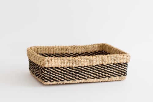 Woven Catchall Storage Tray | Stripe Noir | Decorative Tray in Decorative Objects by NEEPA HUT