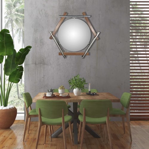 Walnut and Brushed Metal Floating Hexagon Mirror | Decorative Objects by Sand & Iron