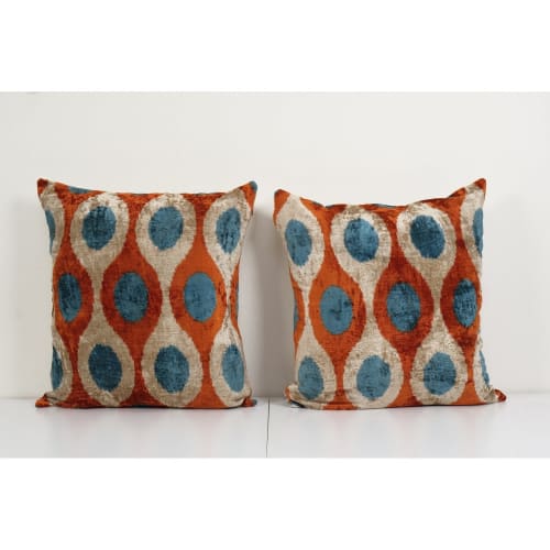 Set of Two Ikat Velvet Pillow, Pair Silk Ikat Cushion | Pillows by Vintage Pillows Store