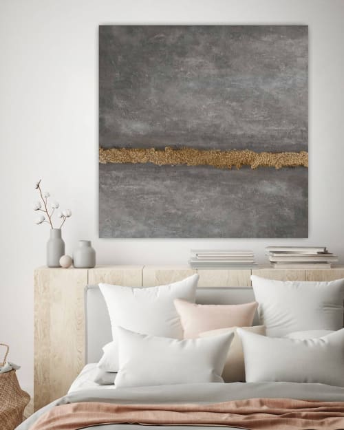 Large gray abstract gold leaf wall art gray painting | Paintings by Berez Art