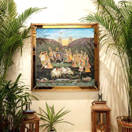 Framed Artwork Depicts the Divine Lord Krishna, Balarama & t | Embroidery in Wall Hangings by MagicSimSim