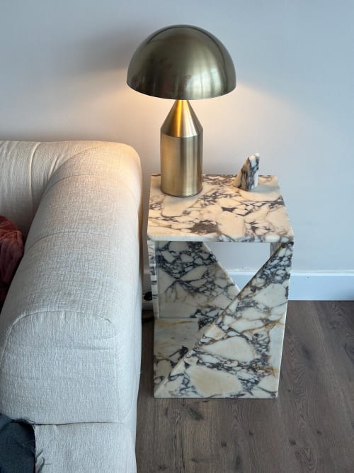 Handmade Calacatta Viola Marble Side Table: Natural Stone Nightstand | Tables by AEGEAN MARBLE ARTISAN ATELIER