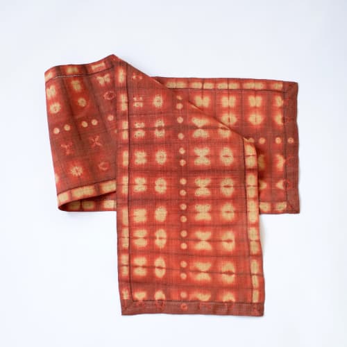 Raffia Shibori Table Runner-Cocoon&Moth Pattern-Terra Cotta | Linens & Bedding by Tanana Madagascar