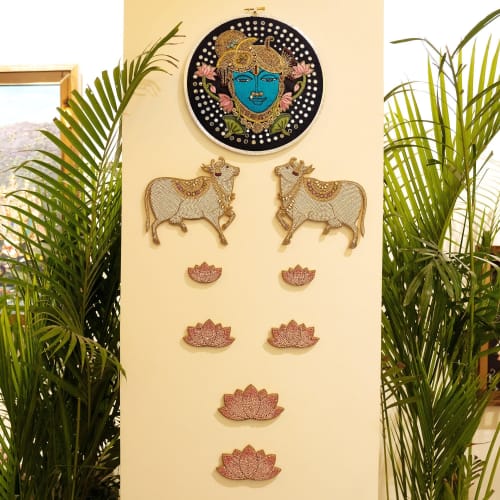 Shrinathji Nathdwara Hand Embellished Jeweled Hoop Artwork W | Embroidery in Wall Hangings by MagicSimSim