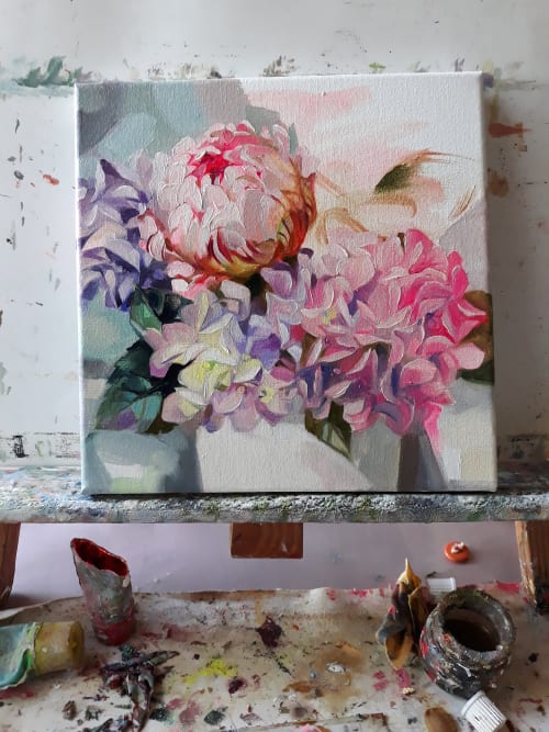 Peony Hydrangea oil painting canvas original art, Pink | Paintings by Natart