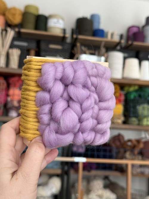 Mini Woven Tile - Mustard and Purple | Wall Sculpture in Wall Hangings by Mpwovenn Fiber Art by Mindy Pantuso