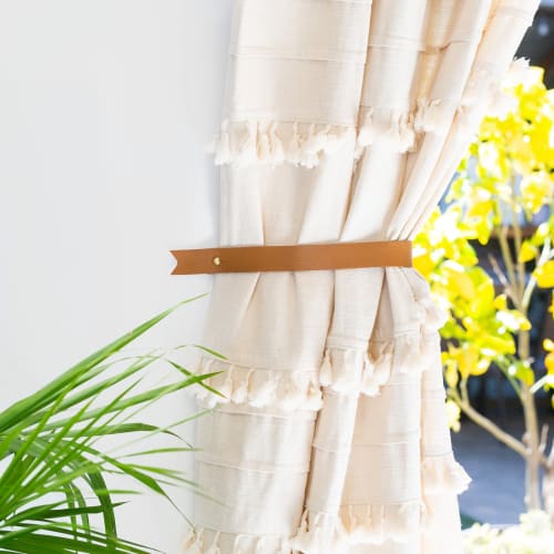 Leather Curtain Tieback [Flag End] | Strap in Storage by Keyaiira | leather + fiber | Artist Studio in Santa Rosa