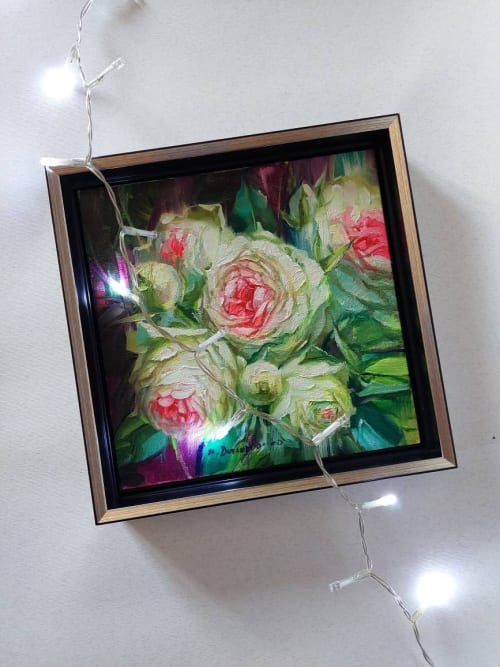 Roses flowers oil painting original 8x8 inch, Canvas board | Paintings by Natart