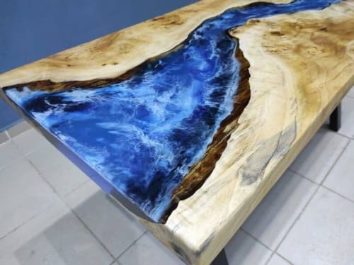 Custom Order Poplar Wood Sea Ocean İce Design Blue Epoxy | Dining Table in Tables by LuxuryEpoxyFurniture