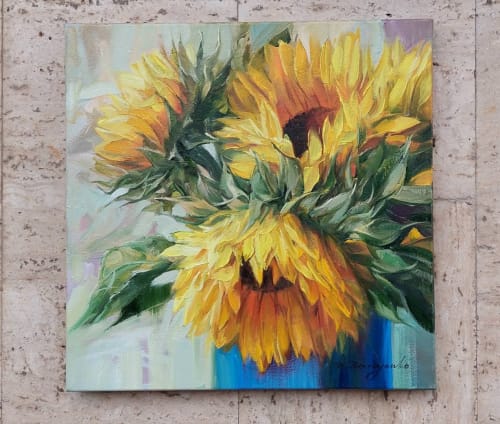 Sunflowers floral oil painting original 12x12 inch, Mom gift | Paintings by Natart