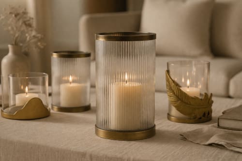 Vetra Ribbed Hurricane Candle Holder — Antique Brass Finish | Decorative Objects by Raíz Studio