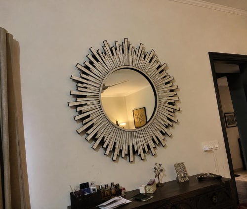 Handmade Bone Inlay Sunburst Mirror, Round Starburst Wall Decor, Art Deco Entryway Accent | Decorative Objects by IKKAZA