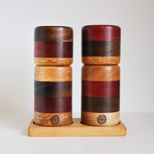 Pepper mill and salt mill set – oak/amaranth/walnut – 6'' | Vessels & Containers by Slice of wood / Tranche de bois