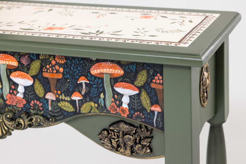 One-of-a-Kind Hand-Painted Woodland Console Table, Green Finish with Mushroom Motif | Tables by Birds and Gardens Inc