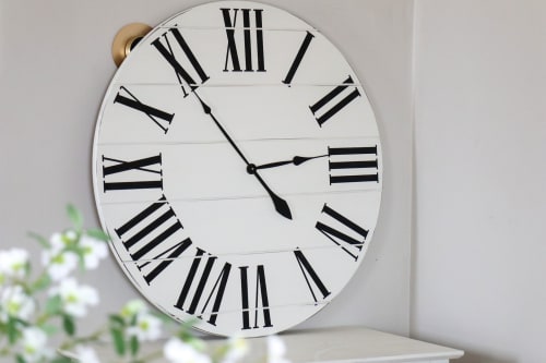 36" White Farmhouse Clock, Slightly Distressed | Decorative Objects by Hazel Oak Farms