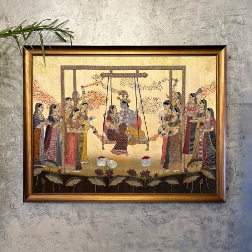 Radha Rani & Shri Krishna Playing Holi in Barsane, Handmade | Embroidery in Wall Hangings by MagicSimSim