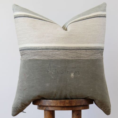 Grey & Blue Woven Stripe with Grey Vintage Fabric 22x22 | Pillow in Pillows by Vantage Design