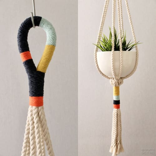 Modern Color Block Macrame Plant Hanger – 42” Handmade Boho Hanging Planter | Plants & Landscape by Freefille