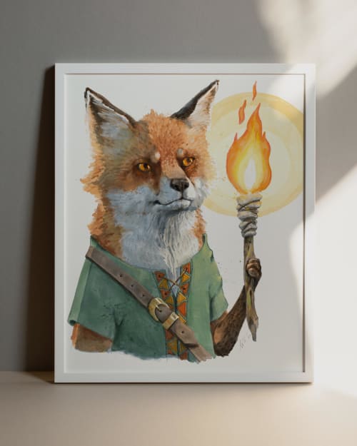 Storybook Fox Watercolour Print, Traveller with Lantern Wall Art | Prints in Paintings by The Ugly Cat Studio