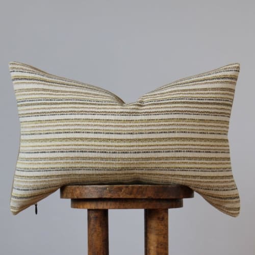 Beige Cotton with Brown, Yellow, Grey Stripes Lumbar 14x22 | Pillows by Vantage Design