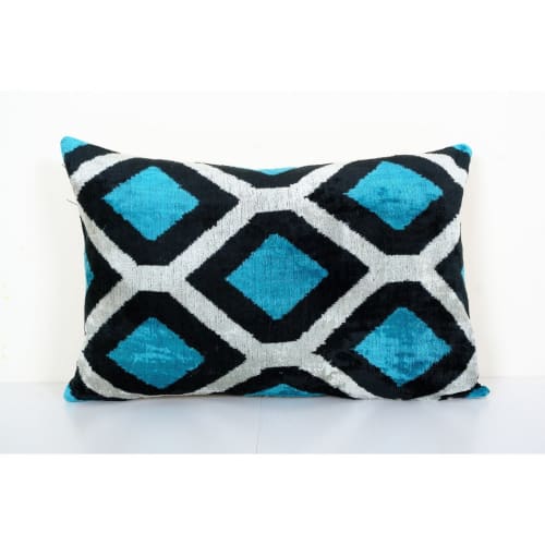 16" x 24" Ikat Pillow, Turquoise Blue Silk Velvet Pillow Cov | Linens & Bedding by Vintage Pillows Store
