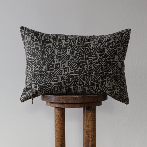 Brown Printed Abstract Pattern on Natural Linen Lumbar 14x20 | Pillows by Vantage Design